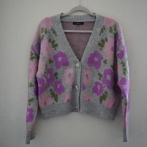 Floral Knit Cardigan Sweater - Pink and Purple